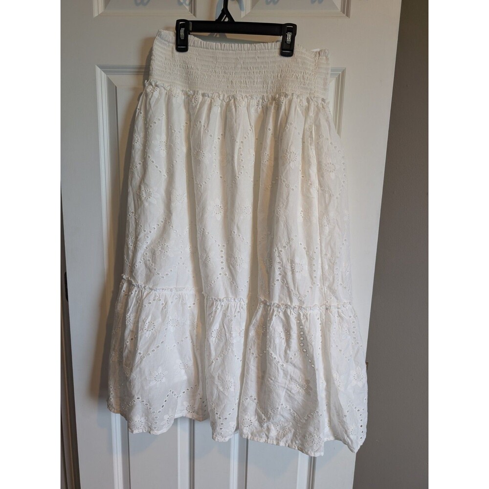 Jennifer & Grace Large Cotton Eyelet Tiered Maxi Skirt Lace Boho Cottage White